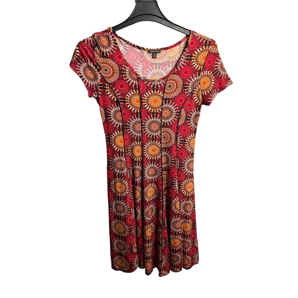 Sami & Jo Womens Red Orange Medallion Print Fit & Flare Dress Short Sleeve M